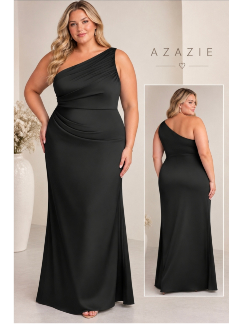 NWT Azazie Akilah Black Stretch Satin One Shoulder Mermaid Formal Dress A16